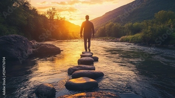 Fototapeta Man carefully crossing a river by walking on stones at sunset, embodying patience, self discovery and personal growth, searching for a new path