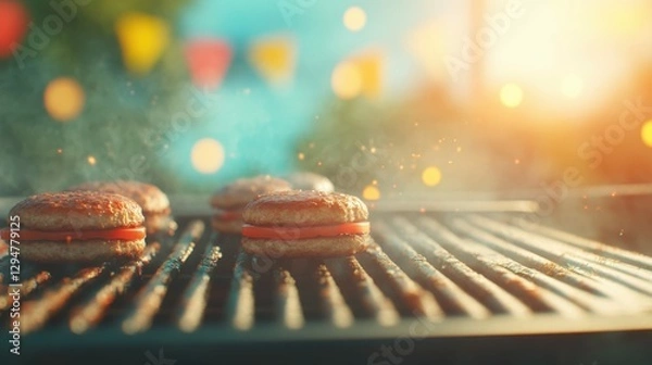 Fototapeta An abstract composition of a grill with burgers cooking, with blurred summer decorations and a picnic table in the background