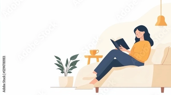 Fototapeta A woman sipping tea while reading a book on a soft bed, surrounded by pillows, calm and peaceful atmosphere,