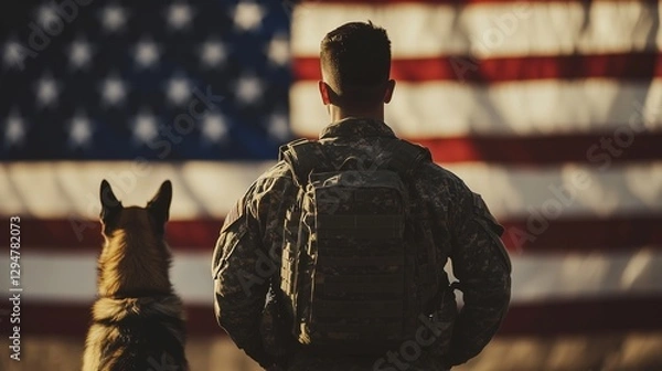 Fototapeta Soldier and his dog in front of an american flag. Military man in military uniform is german soldier. A flag shepherding veterans on a veterans day. A serviceman and his lifestyle canine u. s.