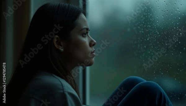Obraz The woman gazes tensely out rainy window, lost in thought. AI image