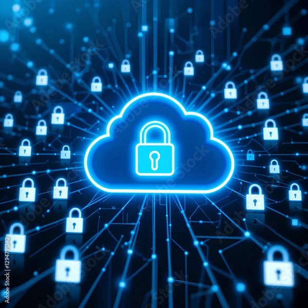 Fototapeta Blue lock cloud security for modern networks AI-powered encryption networking and cyber defense
