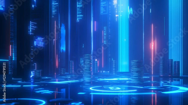 Fototapeta A digital stock market chart with a blue background and coins, financial graphs floating in the air
