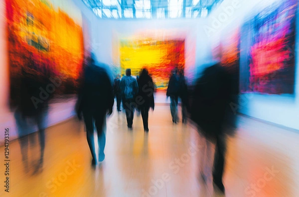 Fototapeta An outoffocus image capturing people walking in a museum