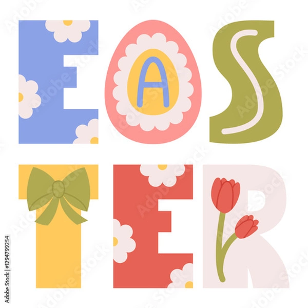 Fototapeta Vector greeting card with bold decorated letters Easter. Holiday banner in flat style