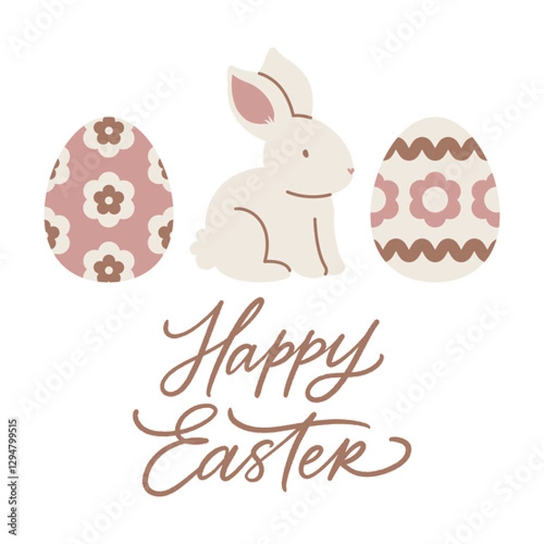 Fototapeta Happy Easter vector greeting card with decorated eggs and bunny. Holiday banner