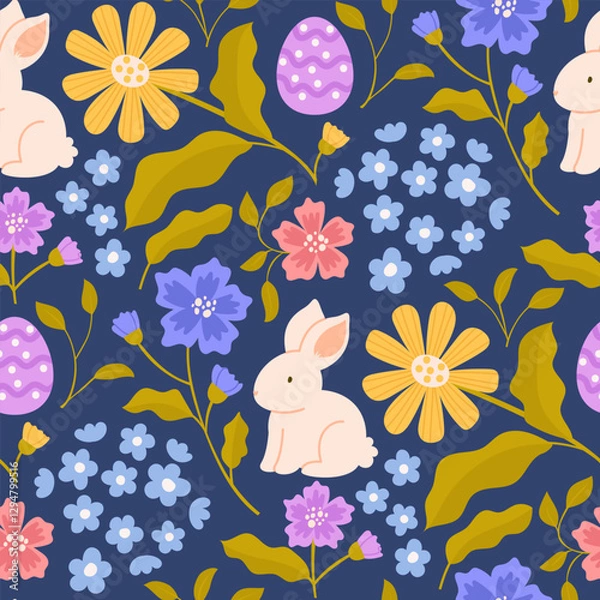 Fototapeta Vector Easter seamless pattern. Repeated holiday background with bunny, easter egg and flowers