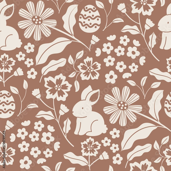 Fototapeta Vector Easter seamless pattern. Repeated holiday background with bunny, easter egg and flowers