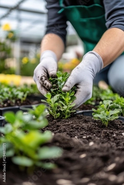 Fototapeta Closeup view of hands of gardener working in field planting flowers.