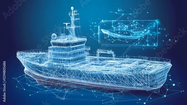 Fototapeta 3D wireframe model of a modern ship with digital elements and a blueprint overlay in a tech setting