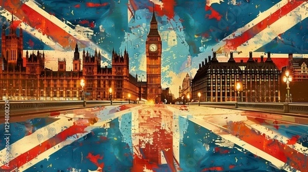 Fototapeta View of London on the Grunge British Flag