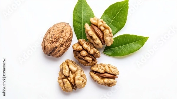 Fototapeta Walnuts paired with a fresh green leaf, isolated on a white background. Macro shot, top-down view.