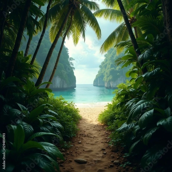Obraz beautiful landscape tropical beach sky blue white clouds water deep turquoise color beach surrounded lush greenery including palm trees tropical plants side rocky cliff small island distance ground
