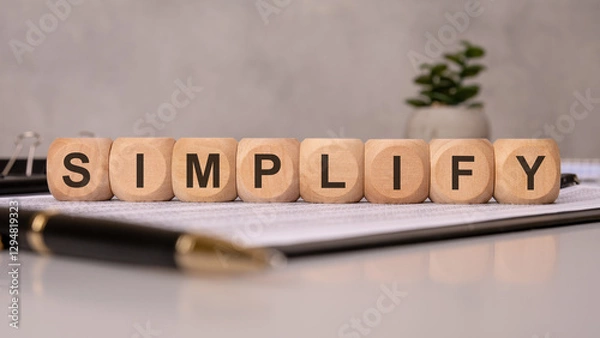 Obraz Wooden cubes spelling SIMPLIFY on office documents, symbolizing efficiency, clarity, and minimalism