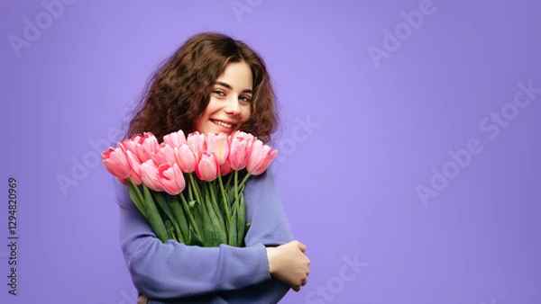 Obraz A young woman with curly brown hair and a joyful smile embraces a bouquet of pink tulips against a vibrant purple background. She wears a cozy lavender sweater, radiating warmth and happiness.