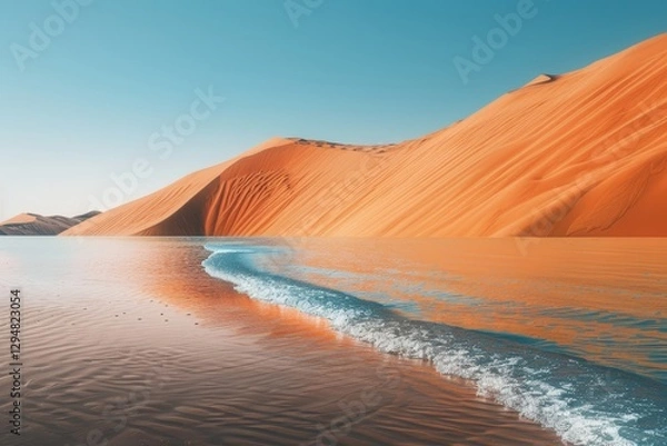 Fototapeta Ilustración de un paisaje de arena y agua, ilustración de dunas del desierto y un oasis
