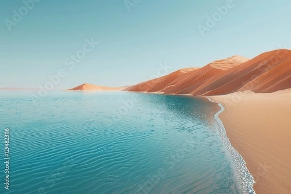 Fototapeta Ilustración de un paisaje de arena y agua, ilustración de dunas del desierto y un oasis
