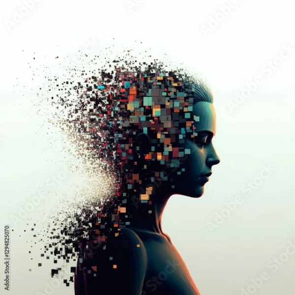 Obraz Human face dissolving into digital pixels representing artificial intelligence virtual reality digital transformation data concept