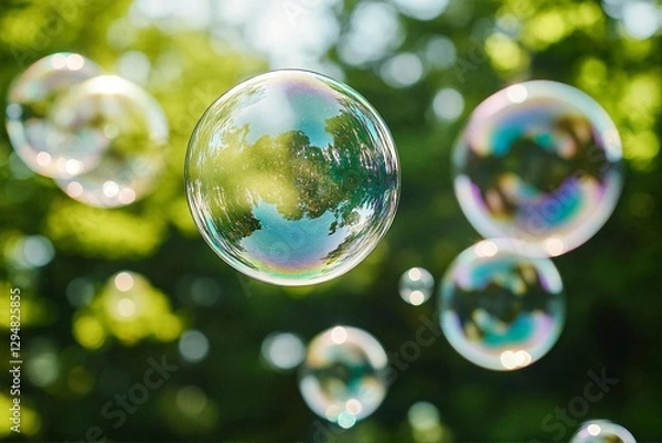 Fototapeta Ethereal Soap Bubbles Floating in Green Nature Background with Rainbow Reflections
