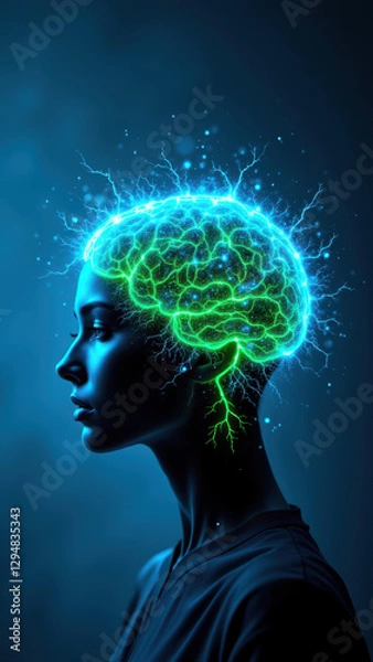 Fototapeta A conceptual image featuring a person's profile with their head glowing with artificial intelligence themes, symbolizing advanced cognitive abilities of AGI or Artificial General Intelligence.