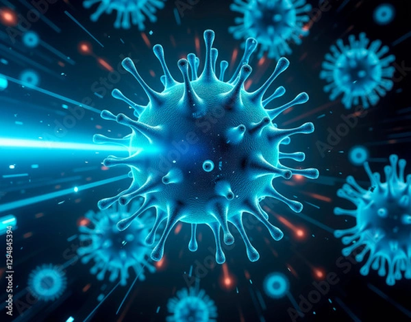 Fototapeta Virus being destroyed by futuristic medical technology beams, illustrating a conceptual sci-fi scene with blue energy pulses eliminating pathogens.