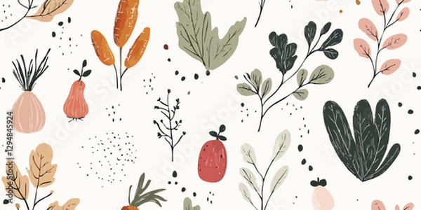 Fototapeta Hand-drawn botanical seamless pattern. Elegant nature repeat background for kitchen, restaurant, design, packaging, fabric, wallpaper, branding, stationery, wrapping paper, interior