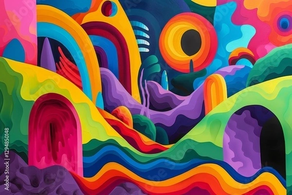 Fototapeta A surreal landscape of colorful, wavy hills and arched openings, painted in vibrant hues, A surreal landscape of surrealistic shapes and forms in bold colors
