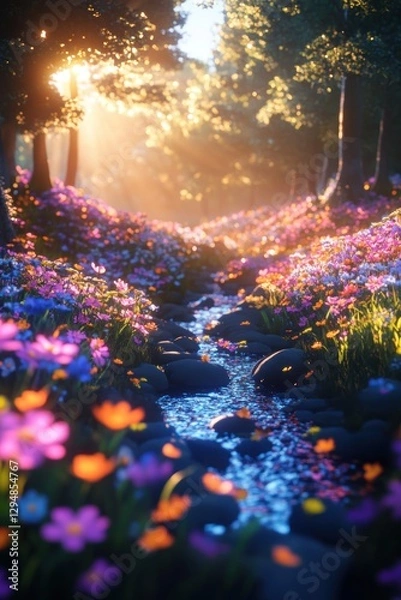 Fototapeta Beautiful colorful wild flowers in deep foggy forest with sun light in Spring.