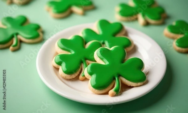 Fototapeta Plate of green shamrock biscuits. Symbol of the Irish St. Patrick Day