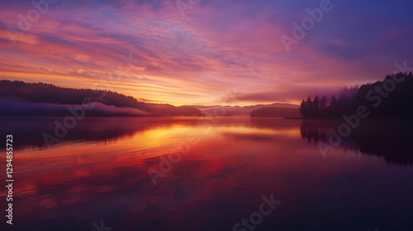 Fototapeta Sunrise Over Serene Lake – A Tranquil Morning Displaying Nature's Beauty and Promise of a New Day