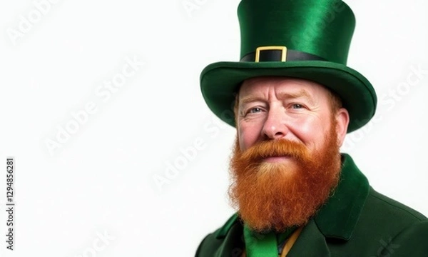 Fototapeta Smiling man with red beard and an Irish green hat is wearing a green coat on white background