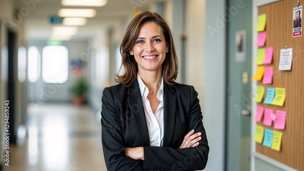 Obraz Smiling School Principal Standing in Hallway with Arms Crossed