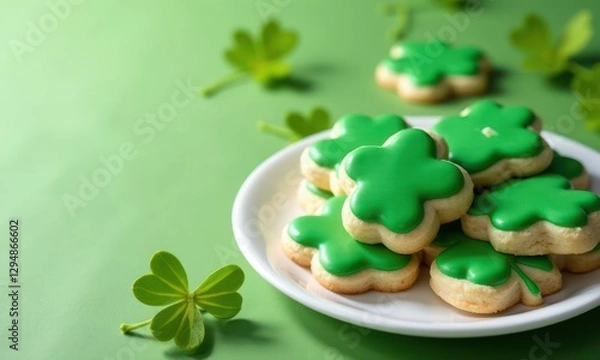 Fototapeta Plate of green shamrock biscuits. Symbol of the Irish St. Patrick Day
