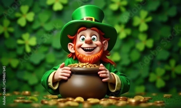 Fototapeta Cartoon Irish folk character leprechaun holds a pot of gold coins on green clover background