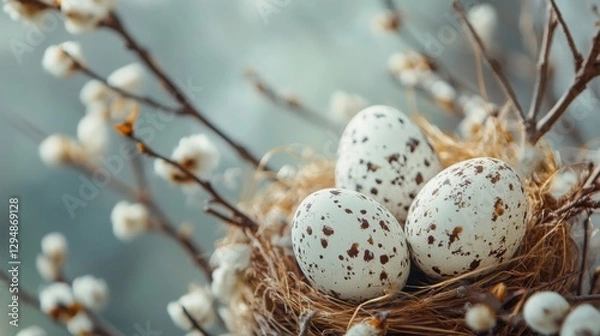 Fototapeta Speckled quail eggs in a delicate nest with blooming branches