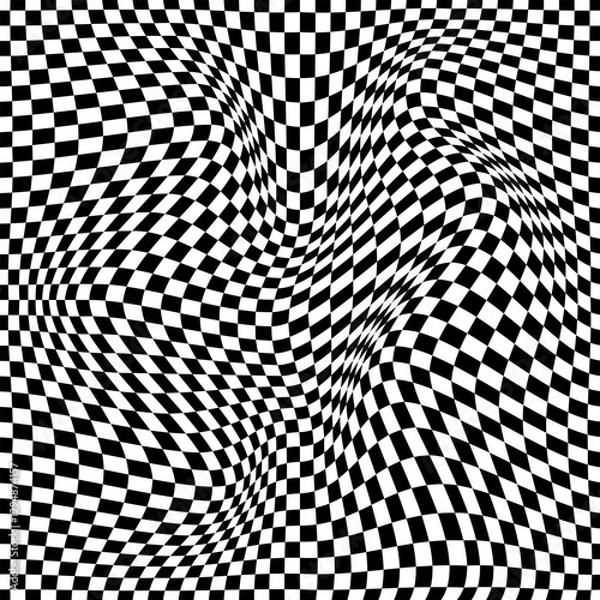 Obraz Illusion abstract black and white background. Chess concept 3d texture. Damage wavy pattern with the distorted effect. Racial flag for various sports. Vector illustration.