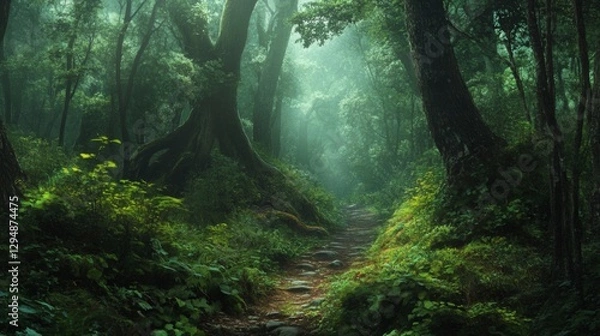 Obraz Lush Green Forest Path With Mist