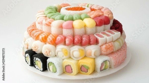 Fototapeta Indulge in a stunning sushi cake display, elegantly layered with fresh rolls, perfect for any upscale event or celebration.
