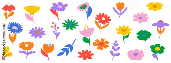 Fototapeta Collection of Spring Retro floral elements, Trendy vintage 70s style. Y2k aesthetic.