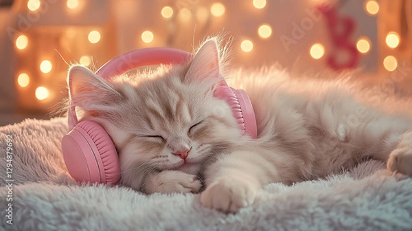 Obraz Cat wearing headphones, cat enjoying music, cat with stylish headphones