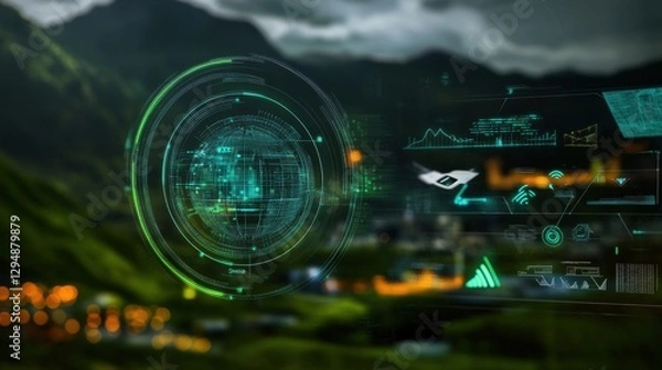 Fototapeta Innovative data visualization showcase mountain environment digital content futuristic viewpoint technology concept