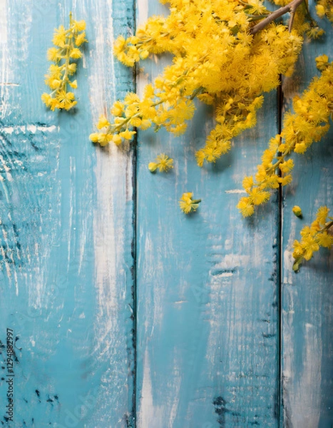 Fototapeta A vibrant bouquet of yellow mimosa blossoms rests on a rustic blue wooden surface. Generative AI