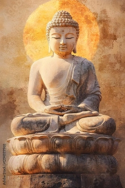 Fototapeta Weathered Buddha Statue in Soft Golden Light, Spiritual Serenity