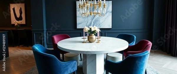 Fototapeta A modern dining area featuring a round marble table, velvet dining chairs in jewel tones, and a stat