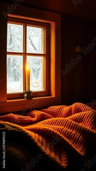 Fototapeta A cozy scene of a candlelit wooden cottage interior, featuring a window framed by frost and soft gol