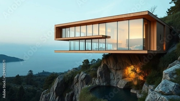 Fototapeta A luxurious cantilevered home appearing to float above the landscape, featuring minimalist design wi
