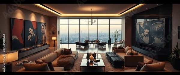 Fototapeta A high-end penthouse with a modern art collection on display, featuring contemporary furniture, dram