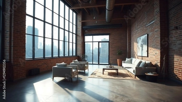 Fototapeta A sophisticated loft apartment with industrial exposed brick walls, polished concrete floors, and sl
