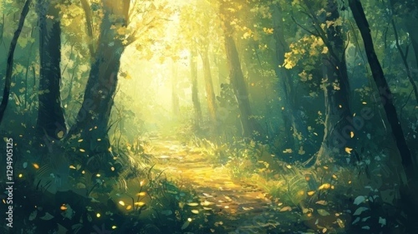 Fototapeta Serene forest path wrapped in morning mist, golden sunlight streaming through tall trees, with scattered dew-covered leaves and soft shadows