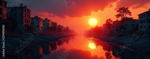 Fototapeta Sun sets over ravaged city, its reflection distorting in murky canal ,  canal,  desolation,  broken buildings